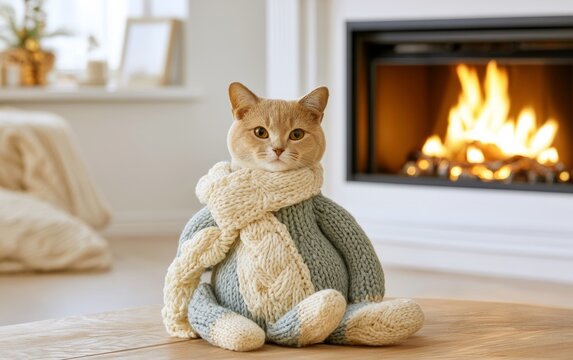Cozy cat wearing warm knitted sweater and scarf sitting by fireplace indoors