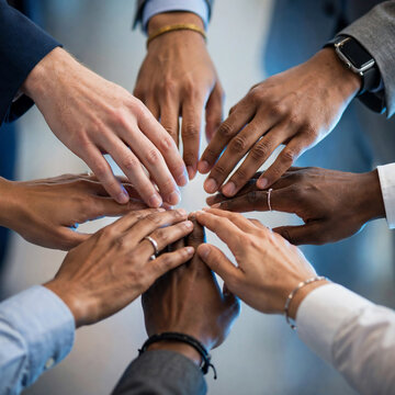 Close-up of diverse multicultural hands forming a circle, top view showing unity and teamwork, suitable for business, diversity and collaboration