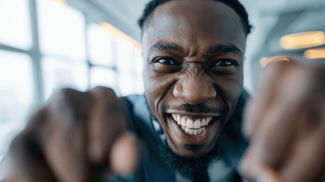 Determination and ambition define focused businessman raising his fist inside expressing resilience, competitive spirit of corporate life.