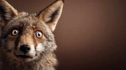 Naklejka premium Close-up portrait of alert wild fox with focused eyes on brown background