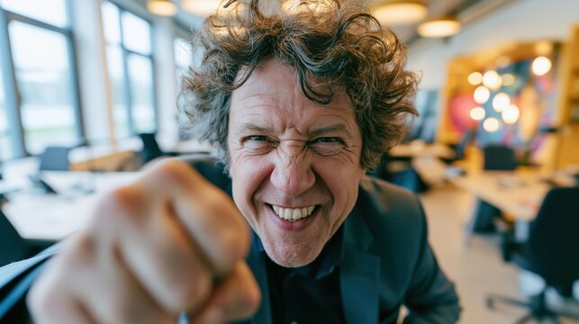 Determination and ambition define focused businessman raising his fist inside expressing resilience, competitive spirit of corporate life.