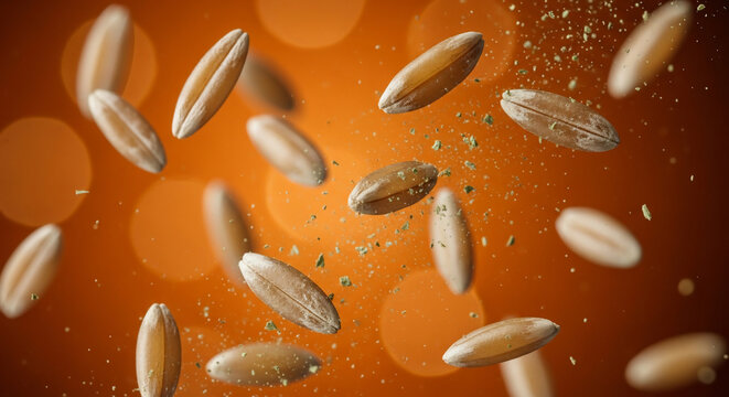 Close-up shot of scattered wheat grains and chaff exploding mid-air against a warm bokeh background, perfect for food advertising, baking promotions and organic product marketing