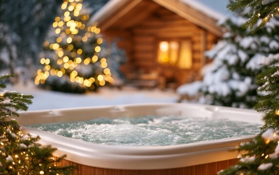 Outdoor bubbling hot tub in snowy winter landscape with cozy wooden cabin