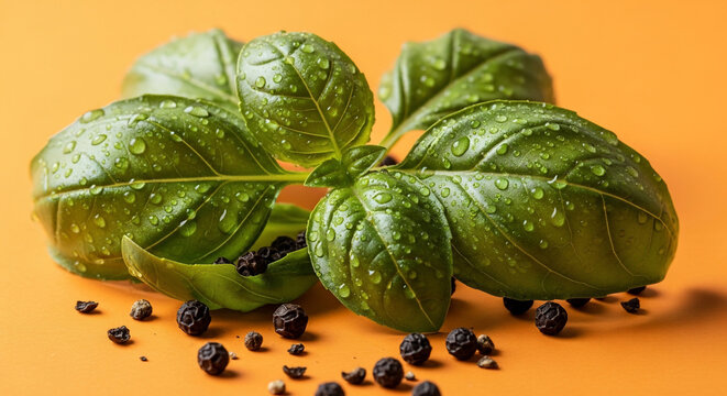 Fresh green basil leaves with water droplets and scattered peppercorns on an orange background, close-up, concept for culinary ingredients, healthy eating and cooking preparation