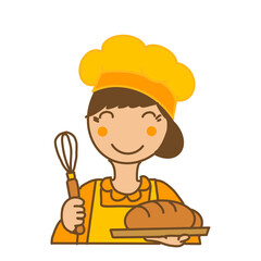 Cute baker character in yellow with bread and whisk