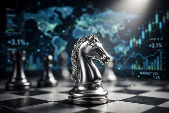 Silver chess knight on chessboard, dynamic global market data charts background, suitable for business strategy, financial analysis and investment.
