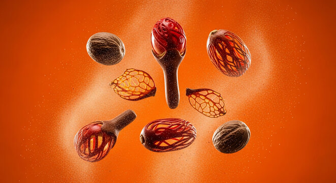 Warm spices, whole nutmeg, star anise and cardamom pods floating with dust particles, perfect for culinary advertising, gourmet food blogs and spice packaging