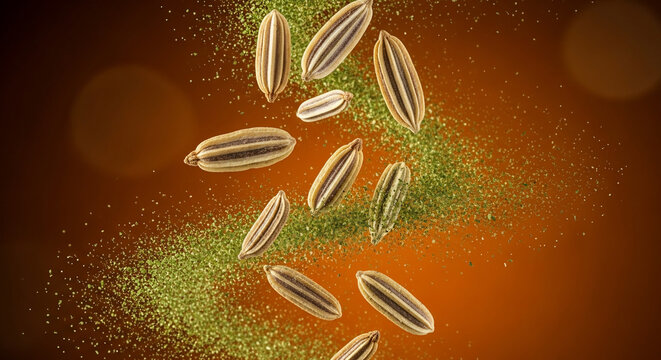 Whole cumin seeds and ground spice exploding mid-air against a warm orange backdrop, suitable for food blogs, culinary advertising and spice marketing