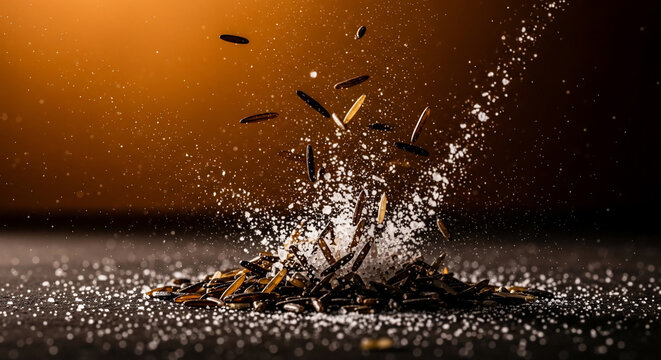 Wild rice grains and white powder exploding upwards against a warm gradient background, suitable for food blogs, culinary advertising and cooking demonstrations