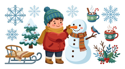 Cute Boy Building a Snowman Winter Holiday Illustration
