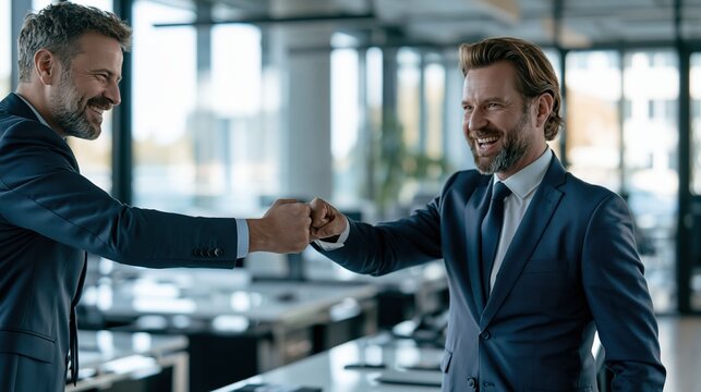Fist bump and punch teamwork from business partnership celebrate shared success as two professionals mark an achievement with a confident gesture in the office.