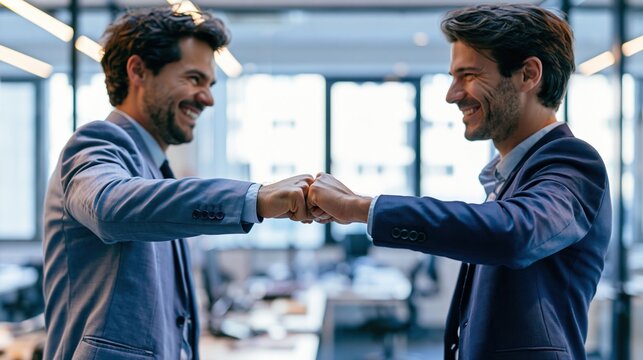 Fist bump and punch teamwork from business partnership celebrate shared success as two professionals mark an achievement with a confident gesture in the office.