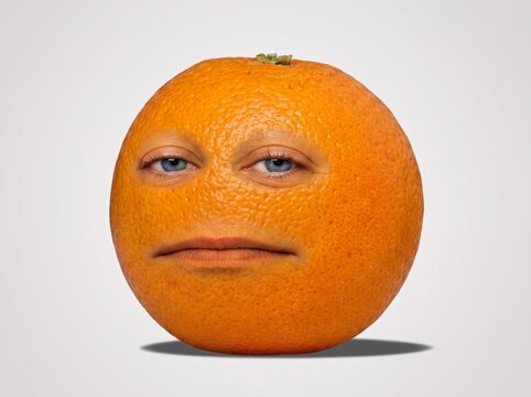 AI Generated Funny Orange Fruit with Human Face Expression Isolated on White Background &ndash; Surreal 3D Concept