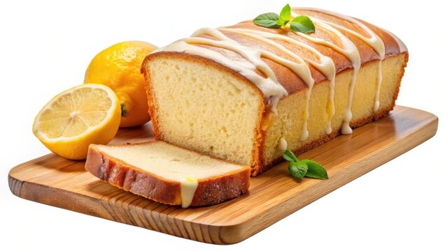 Sliced pound cake with lemon glaze on a cutting board isolated on a white background