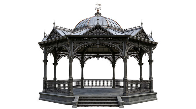 Classic Victorian Style Metal Garden Gazebo Structure Isolated on White Background