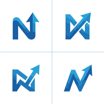 Abstract N letter icon with rising profit arrow.