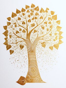 A gold Bodhi tree Ficus religiosa creates an elegant art symbolizing Buddhism, peace, and spiritual growth, ideal for cultural and spa themed design.