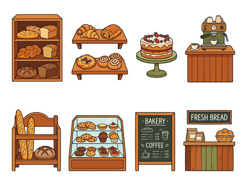 Bakery and Coffee Shop Elements Hand Drawn Illustration Set