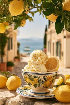 Creamy homemade lemon gelato served in an elegant ceramic cup decorated with hand-painted lemon illustrations, surrounded by fresh lemons beneath a lemon tree