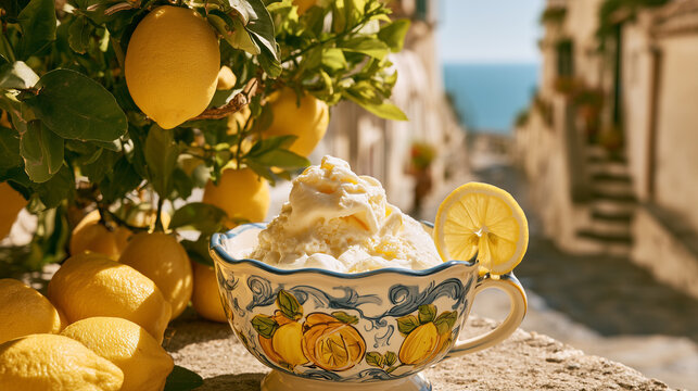 Creamy homemade lemon gelato served in an elegant ceramic cup decorated with hand-painted lemon illustrations, surrounded by fresh lemons beneath a lemon tree