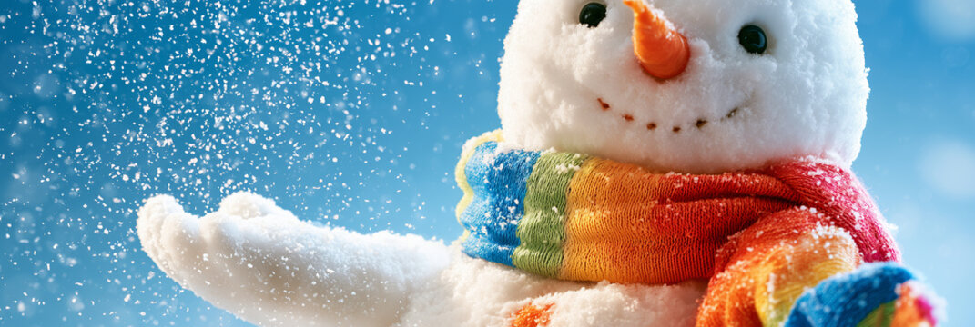 Cute snowman with a rainbow-colored scarf catching falling snowflakes, brilliant blue winter sky, sparkling white snow, cheerful atmosphere