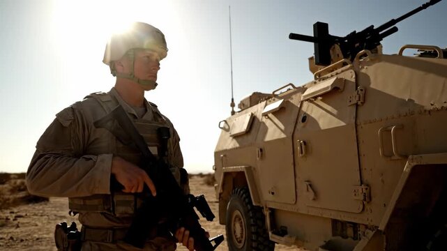 A soldier stands guard, rifle in hand, alongside armored vehicle in a desert landscape with sun shining