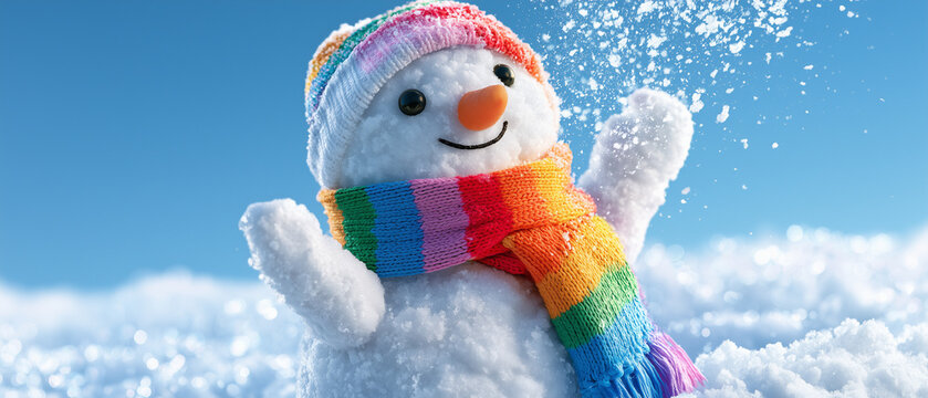Cute snowman with a rainbow-colored scarf catching falling snowflakes, brilliant blue winter sky, sparkling white snow, cheerful atmosphere