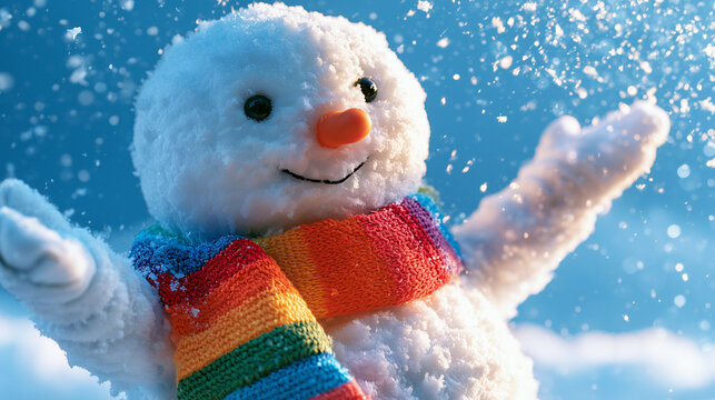 Cute snowman with a rainbow-colored scarf catching falling snowflakes, brilliant blue winter sky, sparkling white snow, cheerful atmosphere