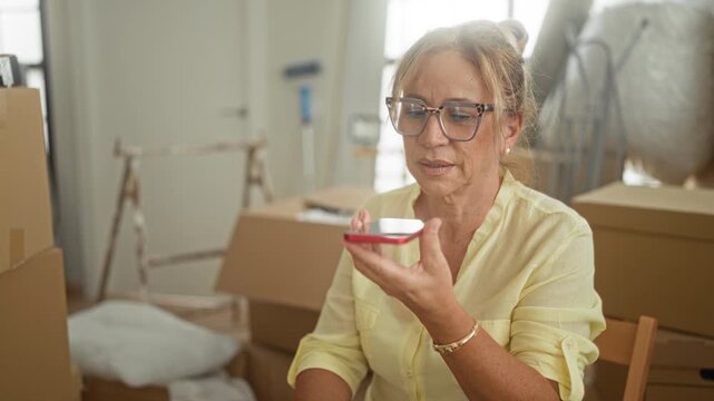 Middle aged woman holding red smartphone to speak while seated among packed moving boxes in building; calm planning coordination.