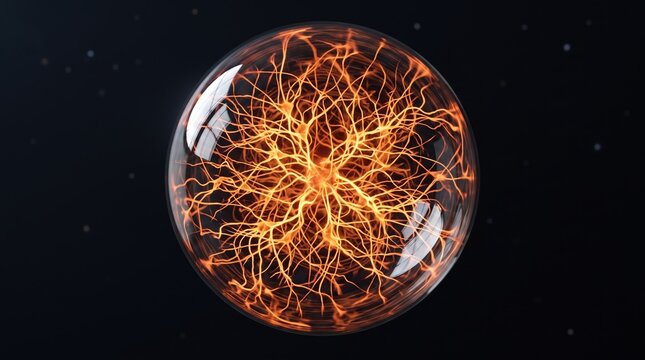 Glowing Neural Network Inside Glass Sphere Isolated on Black Background, 3D Rendering of Brain Synapses and Energy Orb