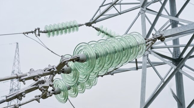 High Voltage Glass Insulators on Electricity Transmission Tower against Overcast Sky