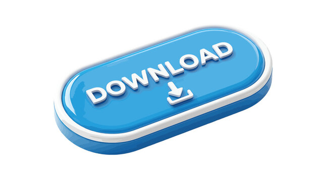 Vector illustration of 3d glossy blue download button with arrow icon on a transparent background