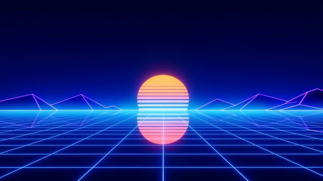 Retro 80s style digital landscape with glowing neon grid and sunset