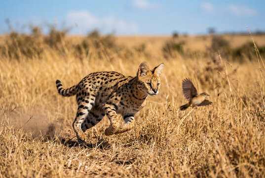 Wild serval cat hunting a flying bird in dry african savanna grass