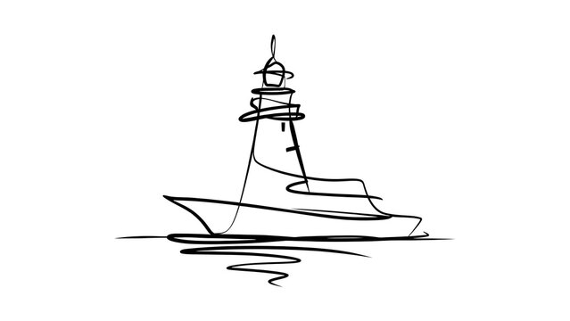 Lighthouse ship line drawing white background.
