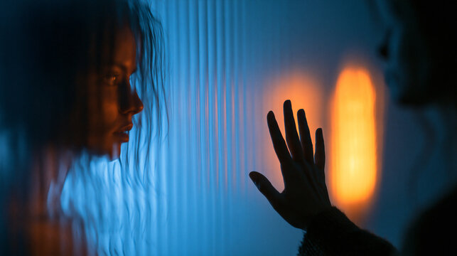 Woman Looking Through Textured Glass Wall with Hand Touching