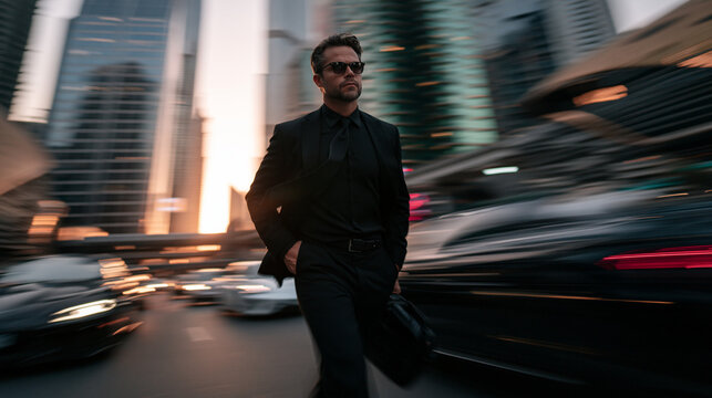 Businessman Walking Confidently Through Fast Paced City Street