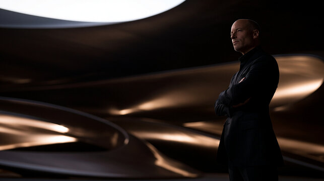 Visionary Business Executive Standing in Modern Futuristic Interior
