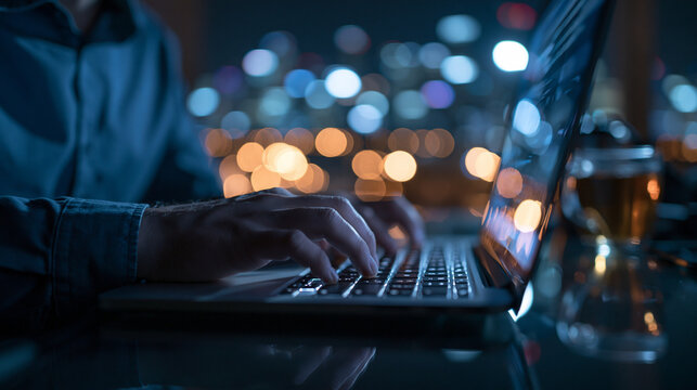 Hands Typing on Laptop Keyboard at Night with City Bokeh