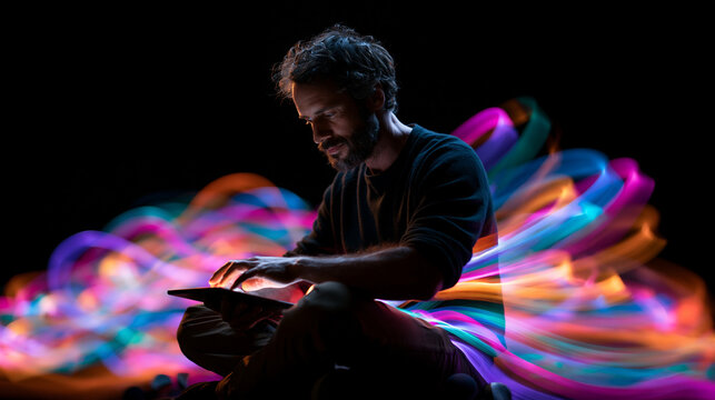 Man Using Tablet Computer with Abstract Colorful Light Trails