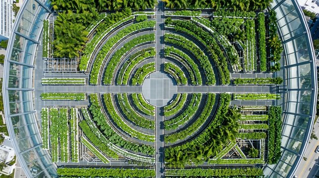 Aerial Top Down View of Modern Urban Rooftop Greenhouse