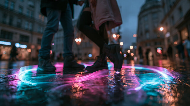 Couple Standing in Glowing Neon Ring on Wet City Street