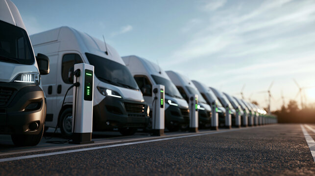 Fleet of Electric Delivery Vans Charging at Station