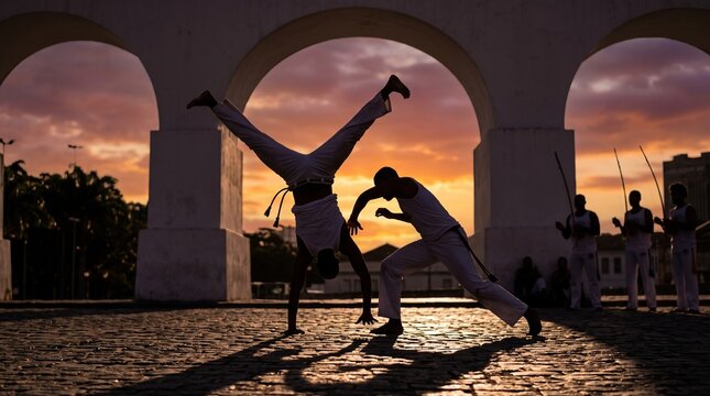 Capoeira Performers Practicing Traditional Brazilian Martial Arts at Sunset