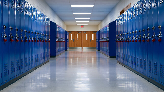 Empty High School Hallway with Blue Lockers