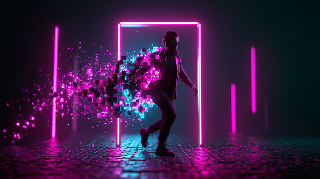 Cyberpunk Man Stepping Through Glowing Neon Portal Into Metaverse