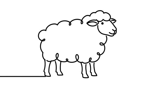 Simple line art sheep illustration white background.