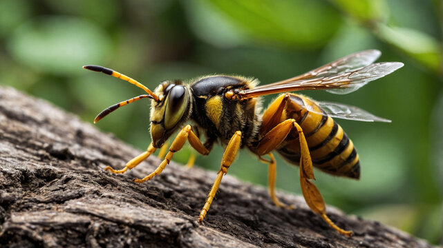 close up of a hornet on tree