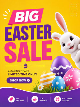Vibrant yellow vertical Easter sale poster with smiling white bunny peeking aside, colorful eggs on grass, bold text and shop button for deals