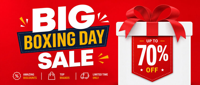 Vibrant red Boxing Day sale ultra wide banner with big text, white gift box with red ribbon, and 70% off badge